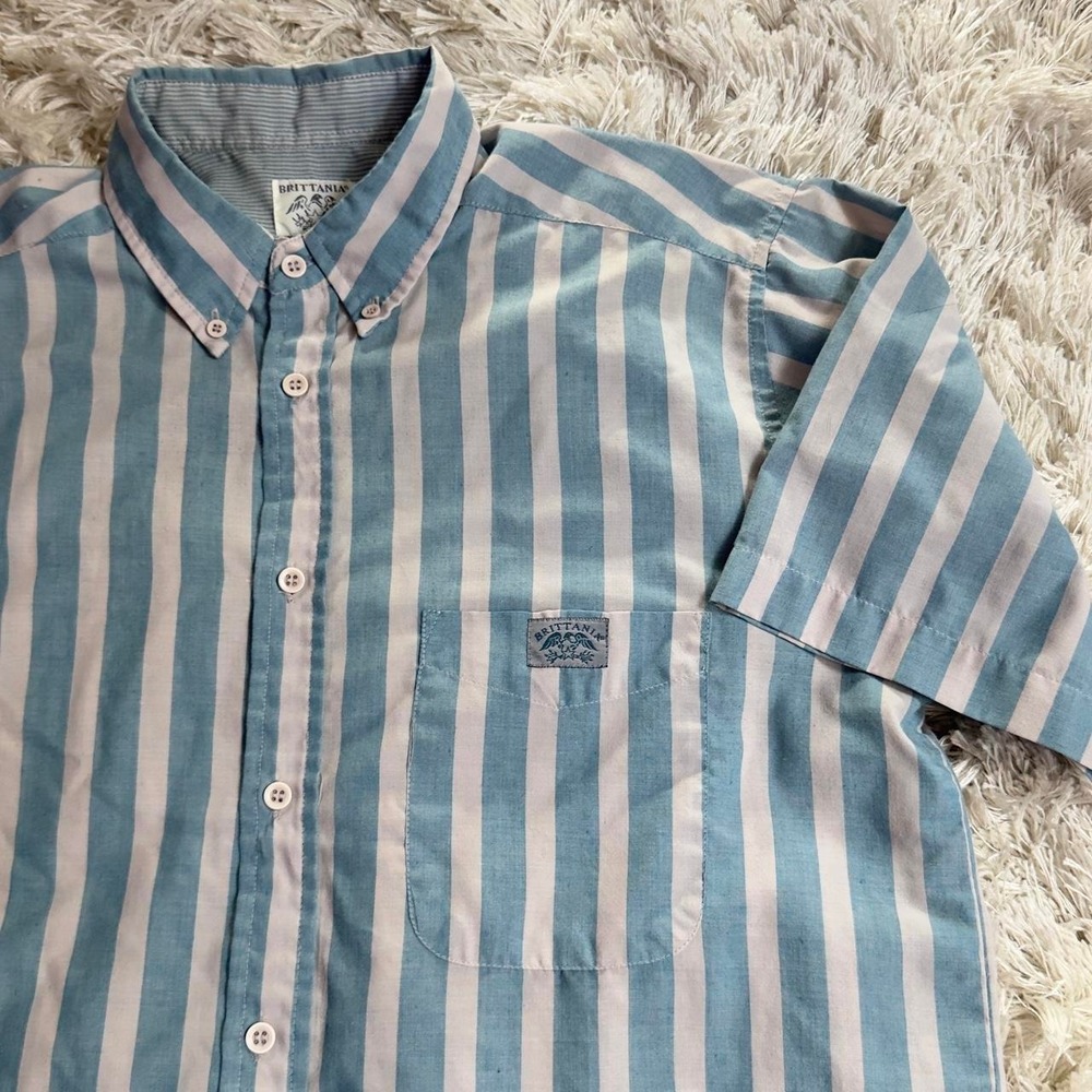 Vintage Brittania Cabana Striped Button Up Shirt Sky Blue White Mens Large Top